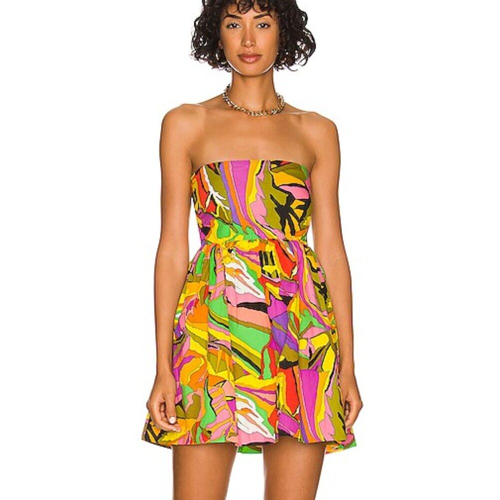S/W/F Birds of Paradise Dress strapless abstract sundress babydoll tropical Mini